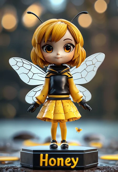 cinematic photo bee girl, manga girl, "Honey" written, 35mm photograph, film, bokeh, professional, 4k, highly detailed