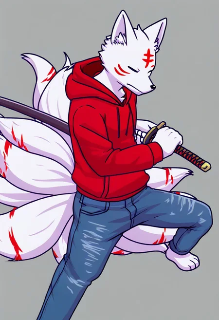 male kitsune, white fur, closed eyes, red marks, multiple tails, red hoodie, jeans, battoujutsu sword stance, ready to draw