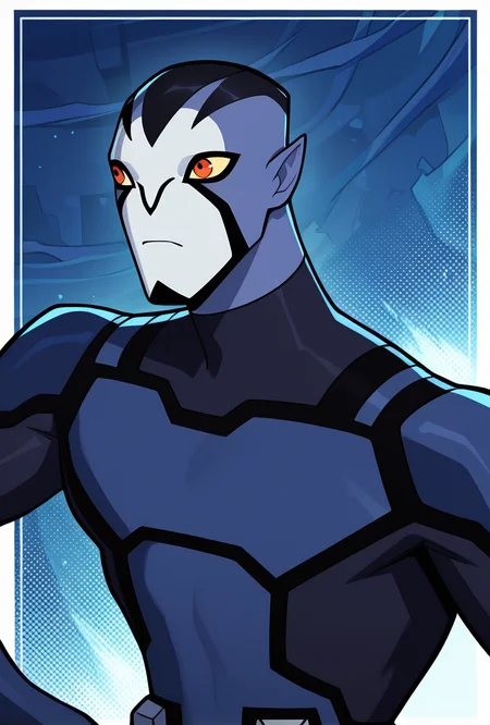 <lora:rook-10:1> rook, male focus, colored skin, alien, 1boy, yellow sclera, blue skin, white face, , red eyes, blue bodysuit, armor, pointy ears, navy blue background, posing, dynamic pose,, upper body, halftone effect, white borders, abstract background:1.2,, masterpiece, best quality, amazing quality, very aesthetic, absurdres, newest,