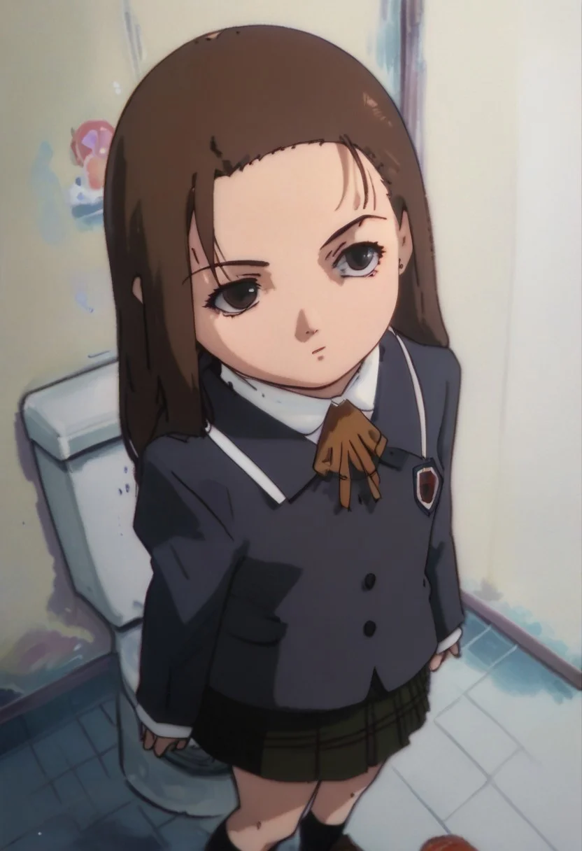 score_9, score_8_up, score_7_up, score_6, source_anime, iwakura mika, ((school uniform)), chibi, from above side view, (((entering sanitary restroom))), sanitary restroom background, ((night, darkness, pitch dark, obscure, darkness, shadow))
