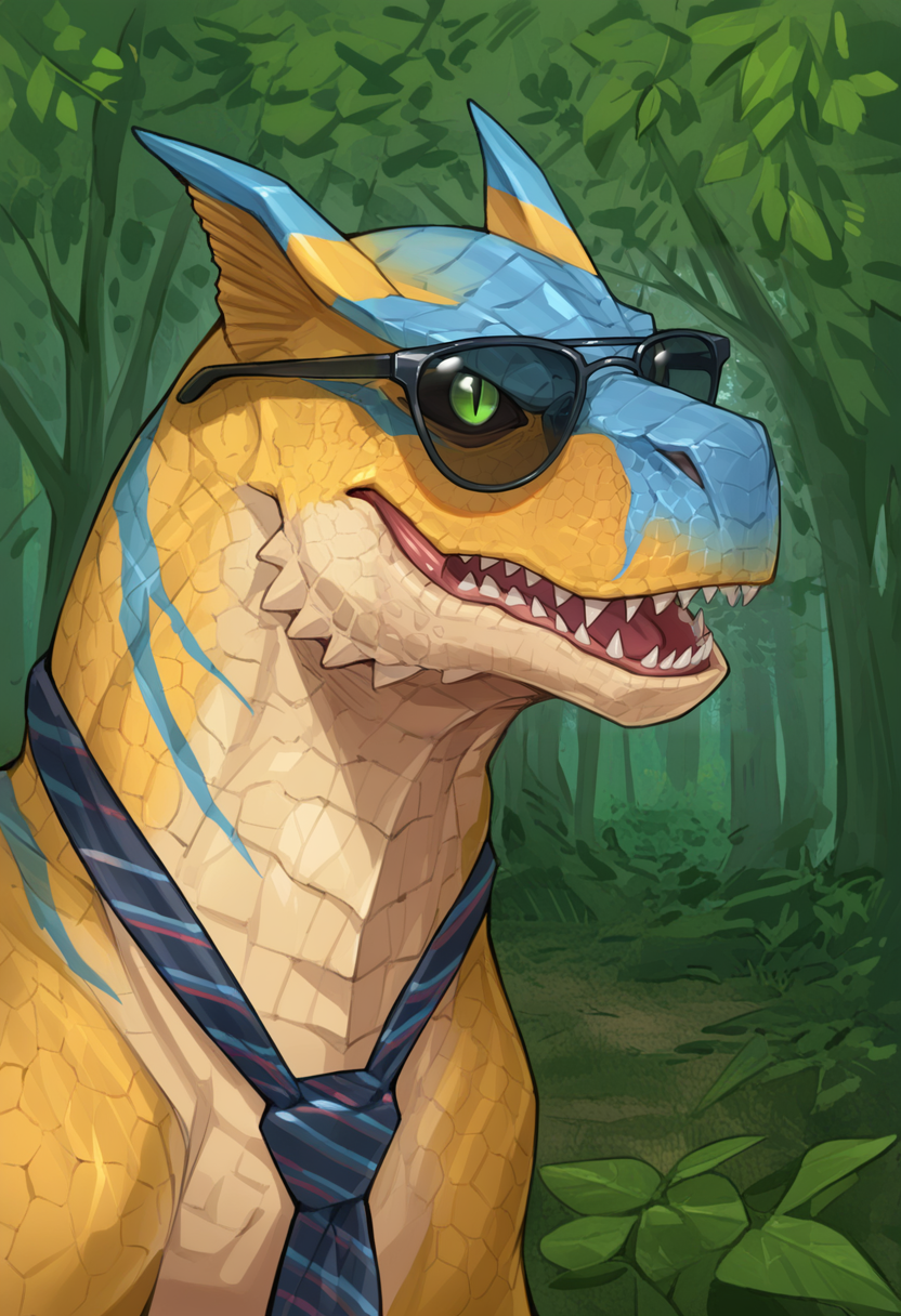 <lora:MH_Tigrex_a1_4_NoobXL-eps:1>,<lora:EatSleep1111StyleSDXL11:0.7>,<lora:merrytailSDXLstyle:0.3>,eatsleep1111,merrytail,masterpiece,best quality,amazing quality,high quality,very aesthetic,absurdres,newest,shaded,digital media \(artwork\),depth of field,mhtgrx,solo,feral,detailed background,forest,green eyes,no sclera,slit pupils,sunglasses,side view,headshot portrait,necktie,blue stripes,(open smile:0.7),