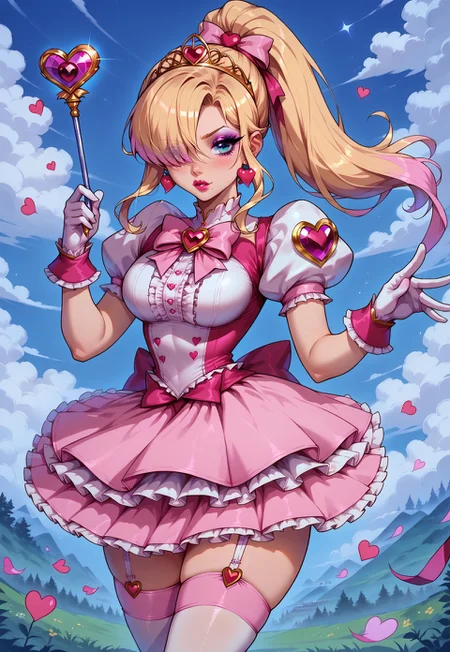 score_9, score_8_up, score_7_up, 1girl, Samus Aran, hair over one eye, one eye covered, masterpiece, best quality, absurdres, (pastel theme) magical girl, puffy magical girl dress, pastel colors, kawaii, frilled skirt, thighhighs, puffy short sleeves, gloves, tiara hairband, gem brooch, bow, ribbons, lace trim, frills, satin fabric, 
lipstick, long eyelashes, eyeshadow, eyeliner, mascara, makeup,  
outdoors, nature, clouds, heart earrings, heart accessories, jewelry, frilled boots, solo, magical girl pose, holding magical girl wand