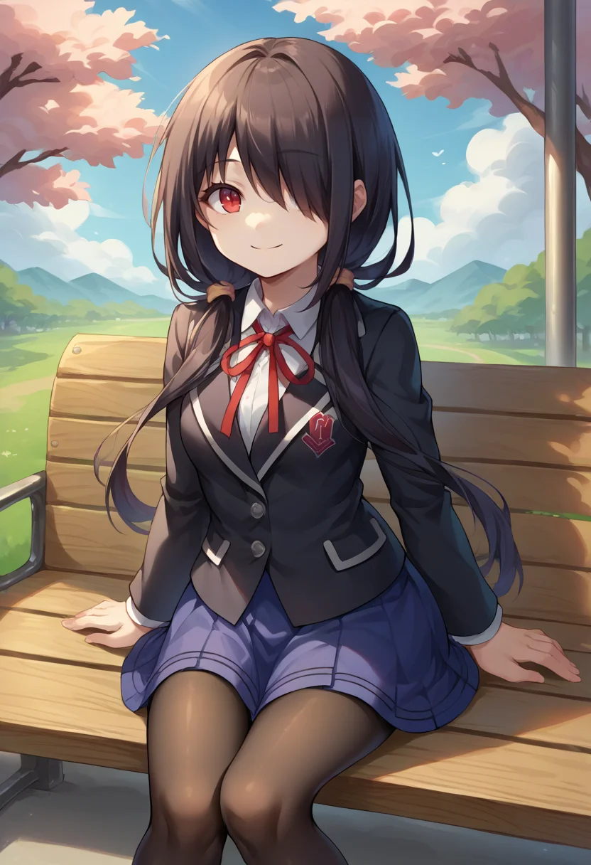 score_9, score_8_up, source_anime, 1girl, solo, KurumiSchool, black hair, low twintails, hair over one eye, red eye, school uniform, black jacket, blue skirt, neck ribbon, black pantyhose, sitting, on bench, outdoors, sakura blossom tree, smile, <lora:ChamTokisakiKurumiPonyXL-000008:1>