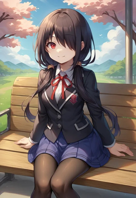 score_9, score_8_up, source_anime, 1girl, solo, KurumiSchool, black hair, low twintails, hair over one eye, red eye, school uniform, black jacket, blue skirt, neck ribbon, black pantyhose, sitting, on bench, outdoors, sakura blossom tree, smile, <lora:ChamTokisakiKurumiPonyXL-000008:1>
