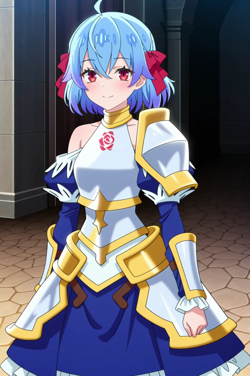 masterpiece, best quality, absurdres, highres, very aesthetic, very awa, BREAK, anime coloring, anime screencap,
<lora:ruti_ragnason_v1-illustrious:1>, 1girl, ruti ragnason, shin no nakama, red eyes, blue hair, ahoge, short hair, hair bow, red bow,
rutyusha, armored dress, breastplate, floral print, single bare shoulder, shoulder armor, detached sleeves, pauldrons, gauntlets,
BREAK, looking at viewer, smile, blush,
BREAK,