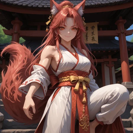 score_9, score_8_up,solo,(fox girl),dark red fur,standing proudly,cute eyes,beautiful face,shiny skin,narrow waist,((slender figure:1.3)),(huge fluffy ears:1.4,pointy),(big fluffy tail,detailed tail),jewelry,elegant adornments,((sleeveless miko clothes)),loose top,(short hakama),midriff,hip window,abs,muscular,muscular arms,marked veins,meditation,muscular legs,inviting expression,smile,((girl focus)),(hand on upper frame),proud expression,dumb smile,closed mouth,cat mouth,(dark red eyelashes,long eyelashes),(close-up),(one leg up),(fighting stance),((imopsing figure)),
outdoors scenery,eastern medieval shrine,(,view from front)