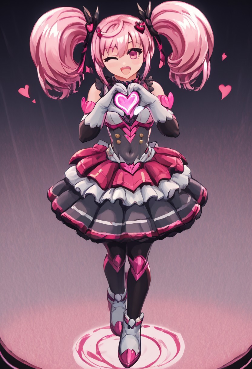 score_4,score_5,score_6,score_7_up,score_8_up,score_9
((masterpiece,best quality,ultra detailed,highres,HD,4k:1.2)),
1 cute girl,girl forcus,
full body,long hair,twintail,pink hair,pink eyes,Black conjunctiva,
elbow gloves,covered navel,body suit,skirt,boot,black knee socks,
stage,idol stage,((Make a heart symbol with both hands, heart with both hands,heart hands,heart symbol)), looking at the audience,
happy, smile, open mouth,wink,
