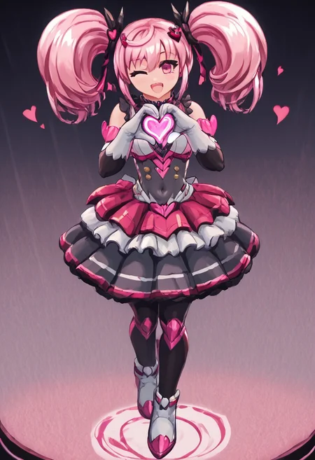 score_4,score_5,score_6,score_7_up,score_8_up,score_9
((masterpiece,best quality,ultra detailed,highres,HD,4k:1.2)),
1 cute girl,girl forcus,
full body,long hair,twintail,pink hair,pink eyes,Black conjunctiva,
elbow gloves,covered navel,body suit,skirt,boot,black knee socks,
stage,idol stage,((Make a heart symbol with both hands, heart with both hands,heart hands,heart symbol)), looking at the audience,
happy, smile, open mouth,wink,