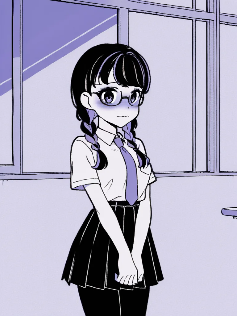 1girl, monochrome, purple theme,
twin braids, black hair, two tone hair, purple hair, glasses,
standing, classroom, window, solo, nose blush, shy, looking at viewer,
school uniform, necktie, white shirt, short sleeves, pleated skirt, pantyhose, v arms,