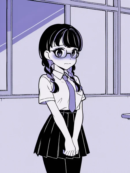 1girl, monochrome, purple theme,
twin braids, black hair, two tone hair, purple hair, glasses,
standing, classroom, window, solo, nose blush, shy, looking at viewer,
school uniform, necktie, white shirt, short sleeves, pleated skirt, pantyhose, v arms,