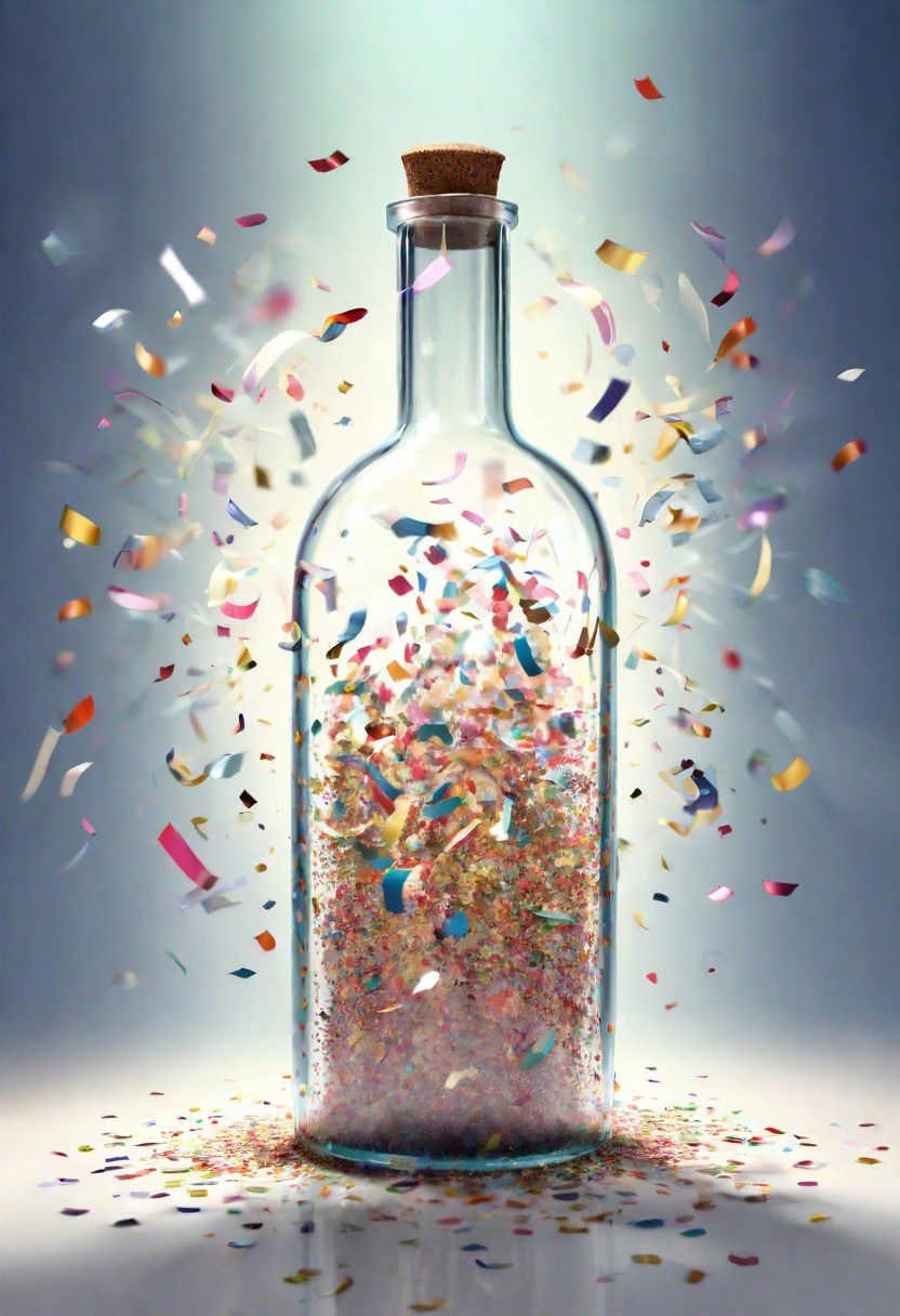 confetti explosion inside a large transparent bottle,