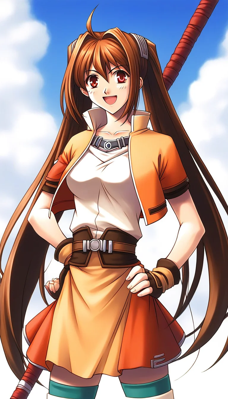 score_9, score_8_up, score_7_up, source_anime, rating_explicit, BREAKã <lora:Estelle_Bright_Retro_XL:1> Estelle_Bright, brown hair, long hair, red eyes, ahoge, brown eyes, very long hair, hair intakes, medium breasts,
solo, twintails, thighhighs, staff, skirt, orange skirt, gloves, fingerless gloves, weapon, smile, belt, zettai ryouiki, miniskirt, hand on hip, open mouth, shirt, armor, jacket, jewelry
outdoor, day, sky,
looking at viewer,
cowboy_Shot,