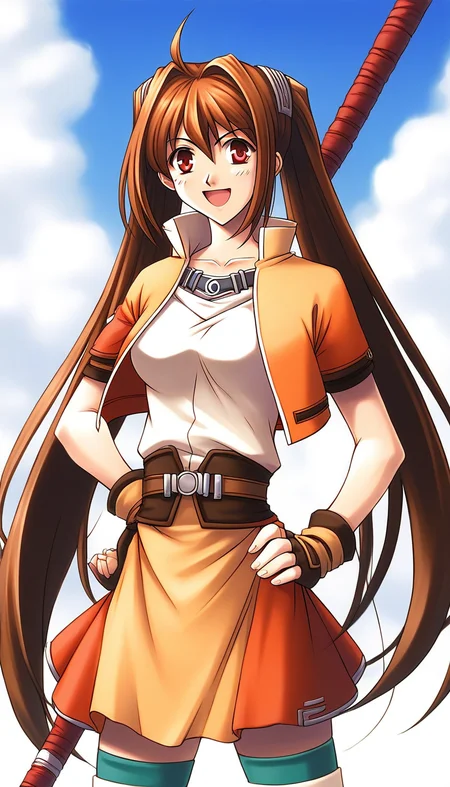 score_9, score_8_up, score_7_up, source_anime, rating_explicit, BREAKã <lora:Estelle_Bright_Retro_XL:1> Estelle_Bright, brown hair, long hair, red eyes, ahoge, brown eyes, very long hair, hair intakes,  medium breasts,
solo, twintails, thighhighs, staff, skirt, orange skirt, gloves, fingerless gloves, weapon, smile, belt, zettai ryouiki, miniskirt, hand on hip, open mouth, shirt, armor, jacket, jewelry
outdoor, day, sky,
looking at viewer, 
cowboy_Shot,
