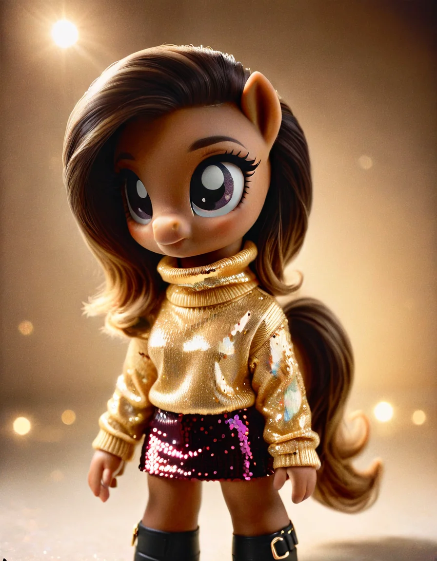 a photo portrait of a Barbadian pony with brunette hair Wearing a modern, cut-out turtleneck sweater with a sequined midi skirt., unsplash, light and space, dramatic light on face, realistic face moody lighting, light falling on face, made out of ftsy-gld <lora:ral-ltlpowny-sdxl:1> ral-ltlpowny <lora:ftsy-gld:1>