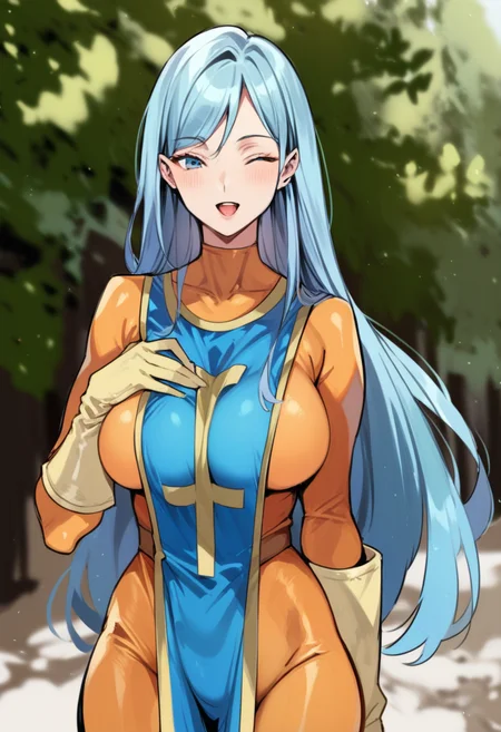 score_9, score_8_up, score_7_up, score_6_up, score_5_up, score_4_up, masterpiece, best quality, BREAK,
1girl, outdoors, <lora:Priest_dq3:1> priest_(dq3), long hair, large breasts, aqua hair female, mitre, orange bodysuit, gloves, tabard
