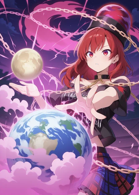 absurdres, highres, masterpiece, best quality, amazing quality, official anime artwork, screencap, anime screencap, outdoors, dynamic pose,
 <lora:Hecatia-LapisLazuli_Illustrious:1> hecatia lapislazuli, 1girl, solo, red eyes, red hair, medium hair,, polos crown, black t-shirt, off-shoulder, bare shoulders, multicolored miniskirt, plaid miniskirt, chain, choker, earth ornament, moon ornament, 
cloud, star, night, pink aura,