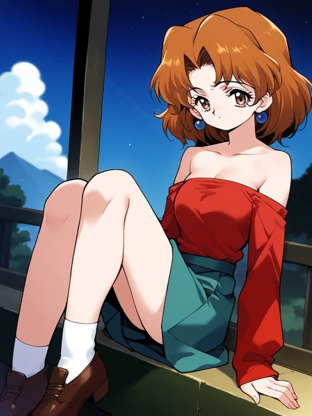 <lora:ingen3XL_pony_8:0.8> score_9, source_anime 1girl, solo, looking at viewer,
aikawa madoka, red shirt, long sleeves, off shoulders, bare shoulders, strapless, skirt, night