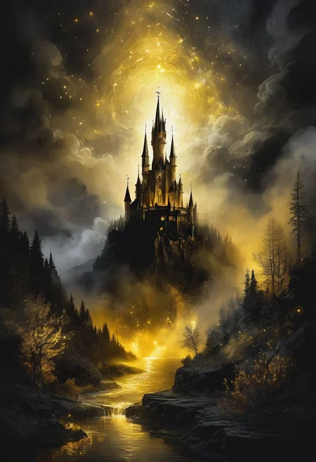 black background, blank background, magic fog, golden smoke, alcohol ink, stunning digital art object, with a splash of magic in vibrant colors and surreal fantasy edge lighting, floral patterns, gold and black spirit, digital art, vibrant, beautiful, splashes, sparkling, cute and adorable, stardust, salute filigree, side lighting, lighting, extreme, magic, surreal, fantasy, digital art, artistic masterpiece, sinister, matte painting, movie poster, golden ratio, intricate, epic,