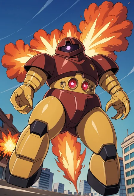 score_9, score_8_up, score_7_up, source_anime, cowboy shot, front view, BREAK, ( gogg, pink monoeye, looking to the side, jumping, one claw raised, explosion on head, ) 1mech, mech focus, solo, BREAK, cityscape,