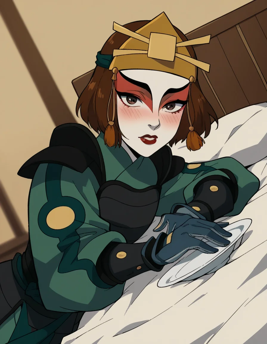 score_9, score_8_up, score_7_up, source_anime, <lora:suki-book2-ponyxl-lora-nochekaiser:1>, suki, short hair, brown hair, brown eyes, makeup, lipstick,, gloves, armor, breastplate, hair ornament, gloves,, indoors, bed, bed room, on side, blush, drunk, looking at viewer, solo, cowboy shot, dutch angle