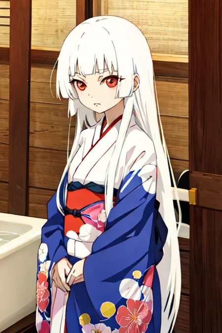 enma_ai bath yukata, white hair, long hair, indoors, cowboy shot, kimono