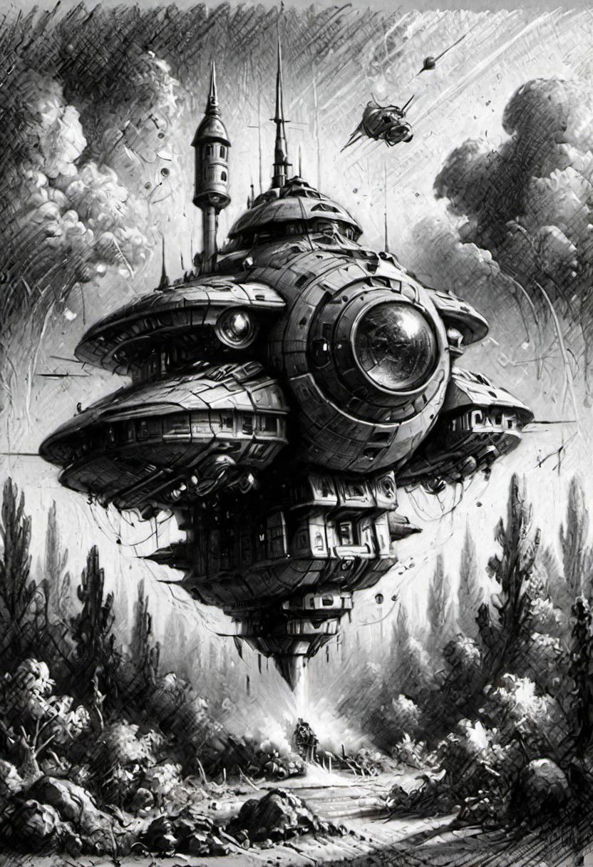 (masterpiece), 
A spaceship,
Black and white tones,
HDR, highly detailed, 32k, 
looking at viewer,