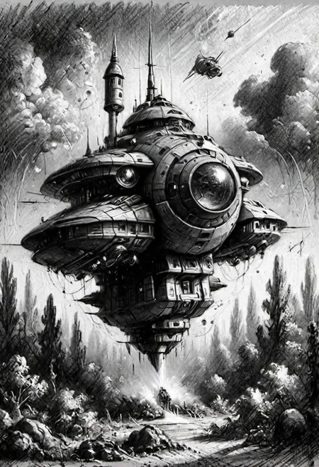 (masterpiece), 
A spaceship,
Black and white tones,
HDR, highly detailed, 32k, 
looking at viewer,
