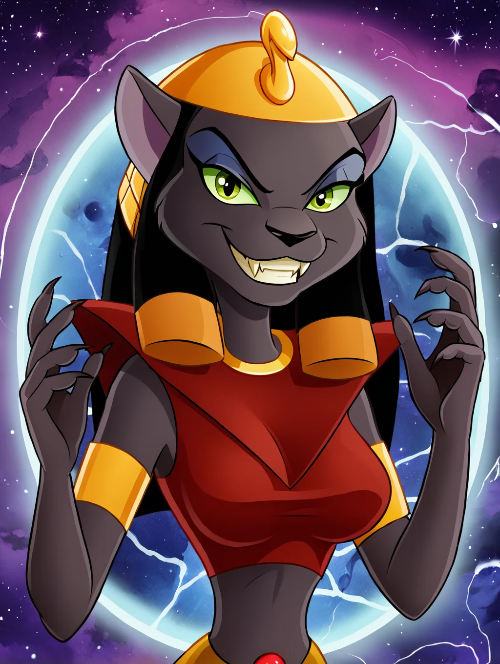 toon \(style\),ultra high quality,ultra high resolution,ultra ,full body, seductive, very realistic,(extremely detailed), detailed background,,(masterpiece, best quality, high quality, highres, ultra-detailed), ,long legs, ,teeth,perfect mouth,perfect smile, evil smile, <lora:Mirage_Aladdin:0.9> mirage, anthro, cat, golden hair accessoire, golden egyptian hat, flat colors, cartoon, grey fur, golden belt, clawed hands, green eyes, black hair, slim, red top, golden cuffs, small waist, fangs, looking at viewer,portrait,cosmic background,upper body,(menacing:1.3),chaotic background,evil,evil looking;big breasts,