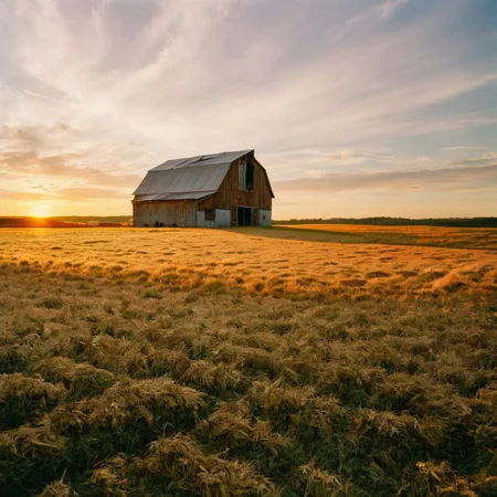 film photography style a golden field with a small barn at sunset, a few clouds, light grain <lora:FILM_PHOTOGRAPHY_STYLE-000049:.6>