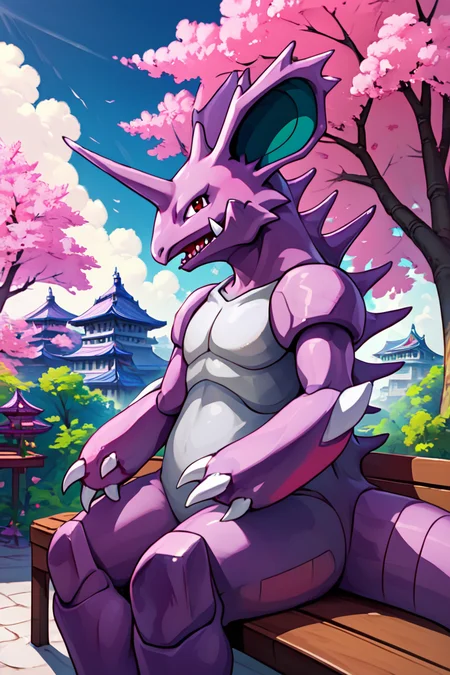 score_9, score_8_up, score_8, ,,, , ,,, zzNidoking, no humans, pokemon (creature), single horn, claws, <lora:NidokingPokedex_PDXL:1.0>, ,,, , BREAK, sitting on bench, side view, smile, looking at viewer, cowboy shot, ,,, BREAK, pnkBldng, sky, day, cloud, tree, blue sky, building, architecture, east asian architecture, ,,, BREAK, embedding:zPDXL, Expressiveh, ,,, <lora:PinkBuildingsPDXL_v2:0.6>, <lora:SDXLFaeTastic2400:0.5>, <lora:Expressive_H-000001:0.4>