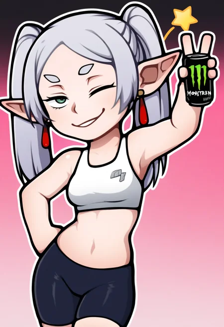 sticker, colorful, outline, chibi,
masterpiece, best quality, very aesthetic, absurdres,
solo, 1girl, frieren \(sousou no frieren\), twintails, grey hair, pointy ears, earrings, green eyes, smug, one eye closed, wink star, sports bra, bike shorts , v, simple background, gradient background, pink background, black background, jujutsu kaisen, boku no hero academia, holding can, monster energy, <lora:StickerNoobLocon_byKonan:1>