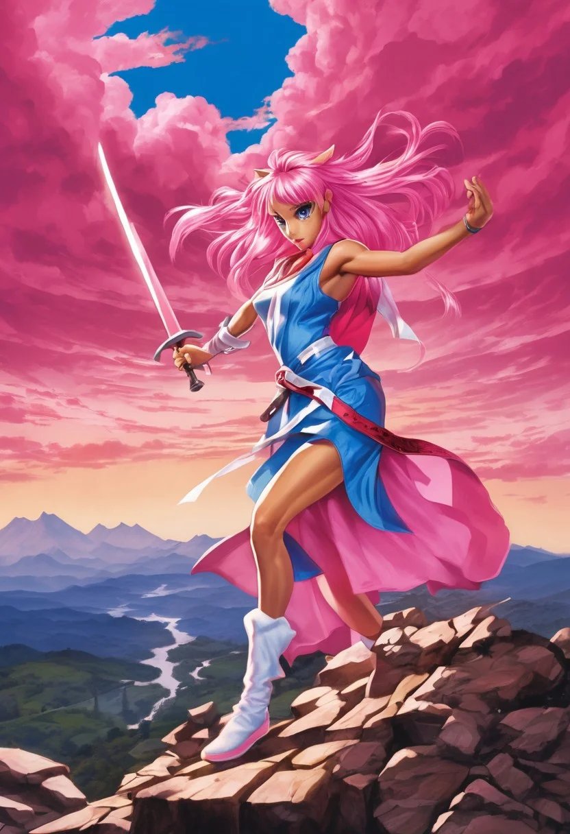 Duo, 1girl, Pink_PonyXL, ((sleeveless dress, white tiger print dress)), pelvic curtain, cleavage, ((white tiger tail)), red sash, ((white cat ears)), medium breasts, ((pink hair, long hair)), sweet smile, wide eyes, single fang showing, Break 1boy, ((link, blonde hair,blue eyes,pointy ears, low ponytail, sidelocks, wearing blue hyilian tunic)), Break, pink standing in fighting pose on a rocky hill, holding a broadsword to the sky, link posing as he looks at pink, storm clouds on the horizon, lightning strike, (((text, bold poster text reading "The Adventure of Pink", text above her))), box_art_frenzy, 1980s Nintendo box cover art, video game,