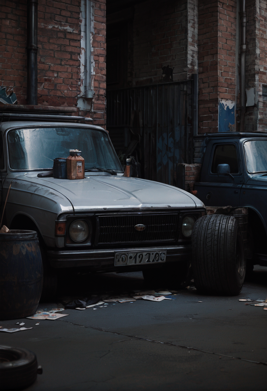 ,ruanyi0851,ground vehicle,brick wall,no humans,<lora:0851 abandoned vehicles V2_v1_pony:1>, score_9,score_8_up,score_7_up,,8k,1girl,solo,,