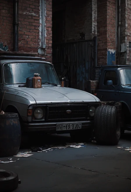 ,ruanyi0851,ground vehicle,brick wall,no humans,<lora:0851 abandoned vehicles V2_v1_pony:1>, score_9,score_8_up,score_7_up,,8k,1girl,solo,,