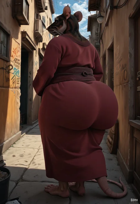 alleyway, graffiti, dark alley,
score_9, score_8_up, score_7_up, score_6_up, score_5_up, score_4_up,, solo. ass focus, looking forward, looking back, back turned, thin waist, gigantic butt, gigantic fat ass, HD, low view, from behind, wide hips, bottom heavy, bubble butt, walking away, ass under robe,
score_9, score_8_up, score_7_up, score_6_up, rating_explicit
((venus body,)) obese, fat, big ass, thick thighs, 1male,  bbm, fat, chunky, plump, hyper body, hyper wide ass, ass bigger than torso, hyper ass, wide hips, hyper hips, thick thighs,huge ass, cellulite, large ass, gigantic ass 1boy, thighs, thick thighs, back to viewer,long robe, sash, ass underlong robe, looking back at viewer, source_furry, anthro, male, curvy figure, splinter, rat, brown fur, animal ears, grey eyebrows, whiskers, beard, tail, brown eyes, detailed feet, sash, furry male, rat tail, tail hole in robe, tail through clothes, rat feet, animal feet, pair shaped, eyes visible, orange eyes, beckoning