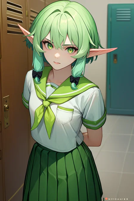 score_9, score_8_up, score_7_up, score_6_up, source_anime, 1girl, solo  <lora:gself-pdxl-nvwls-v1-000005:1> gself, pointy ears, green hair, green eyes, sidelocks, black bow, green sailor collar, white shirt, short sleeves, pleated skirt, miniskirt, looking at you, arms behind back, hallway, lockers, green neckerchief