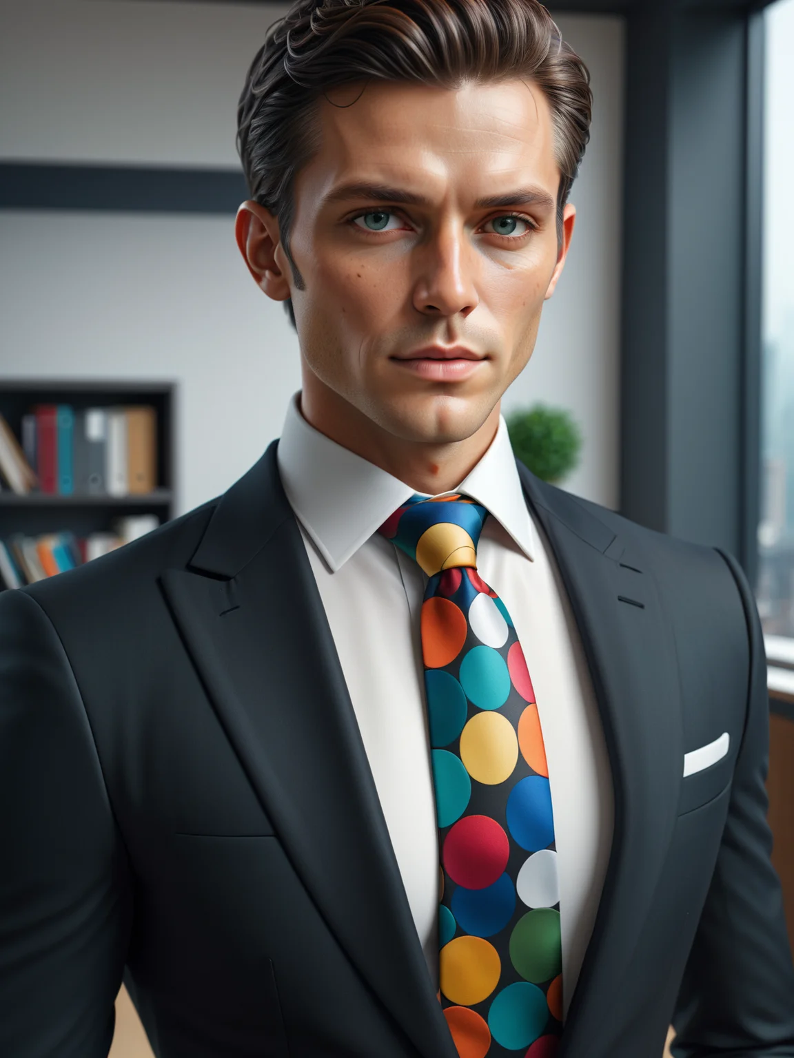 man wearing a colorful mad-circle necktie and white shirt and black suit in office <lora:Colorful_Circles_SDXL:0.6>, (masterpiece:1.2), best quality, (hyperdetailed, highest detailed:1.2), high resolution textures