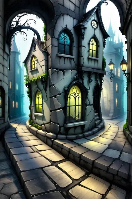 Creeping Shadows on Cobblestone Streets - Gothic Fae (fairy), A narrow, winding street paved with cracked cobblestones, flanked by distorted gothic buildings with elongated windows and twisted iron balconies. Shadows seem to stretch and crawl along the walls, and the streetlamps cast an unnatural, almost liquid light. <lora:EnvyPastelGoth02-prodigy-batch6:1> <lora:SDXLFaeTastic2400:1> <lora:Goth_SDXL_V1:1> <lora:LowBrowXL:1> <lora:GothGirlLorav0.1:1>