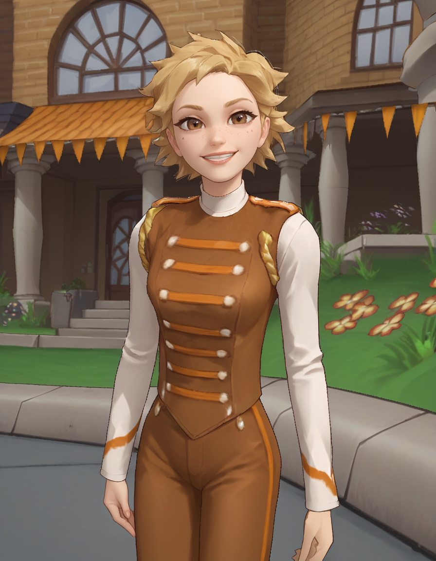<lora:HarrietPony1.0:1> harriet, solo, blonde hair, 1girl, short hair, brown eyes, vest, shirt, pants,smile, freckles,, score_9, score_8_up, score_7_up, score_6_up, score_5_up, score_4_up, looking at viewer, cowboy shot,outdoors,  <lora:Expressive_H:1>