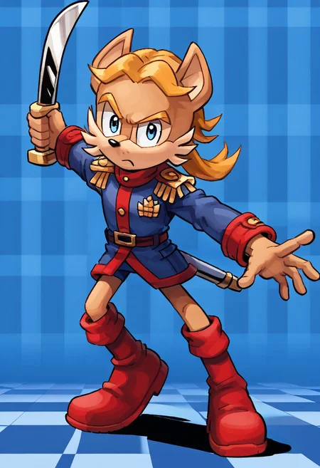 masterpiece, best quality, amazing quality, high detail, absurdres, Antoine D'Coolette, male, solo, holding saber weapon, sword, blue jacket, red boots, blond hair, blue eyes, action pose, dynamic pose, (blue checkered background),