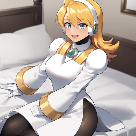 <lora:aliamegaman_pony_v1:1>AliaScientist, 1girl, blonde hair, blue eyes, large breasts, long hair, white gloves, pantyhose, white dress, hair between eyes, bangs, android, long sleeves