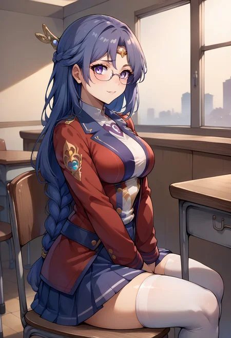 score_9, score_8_up, score_7_up,  <lora:tialuna-pdxl-nvwls-v1-000006:1.0> tialuna,medium breasts , blue hair, purple eyes, tattoo, circlet, hair ornament,  <lora:emma-rebake3:0.8>, glasses, loafers, pleated skirt, red jacket, single braid, thighhighs, white shirt, desk, chair, sitting