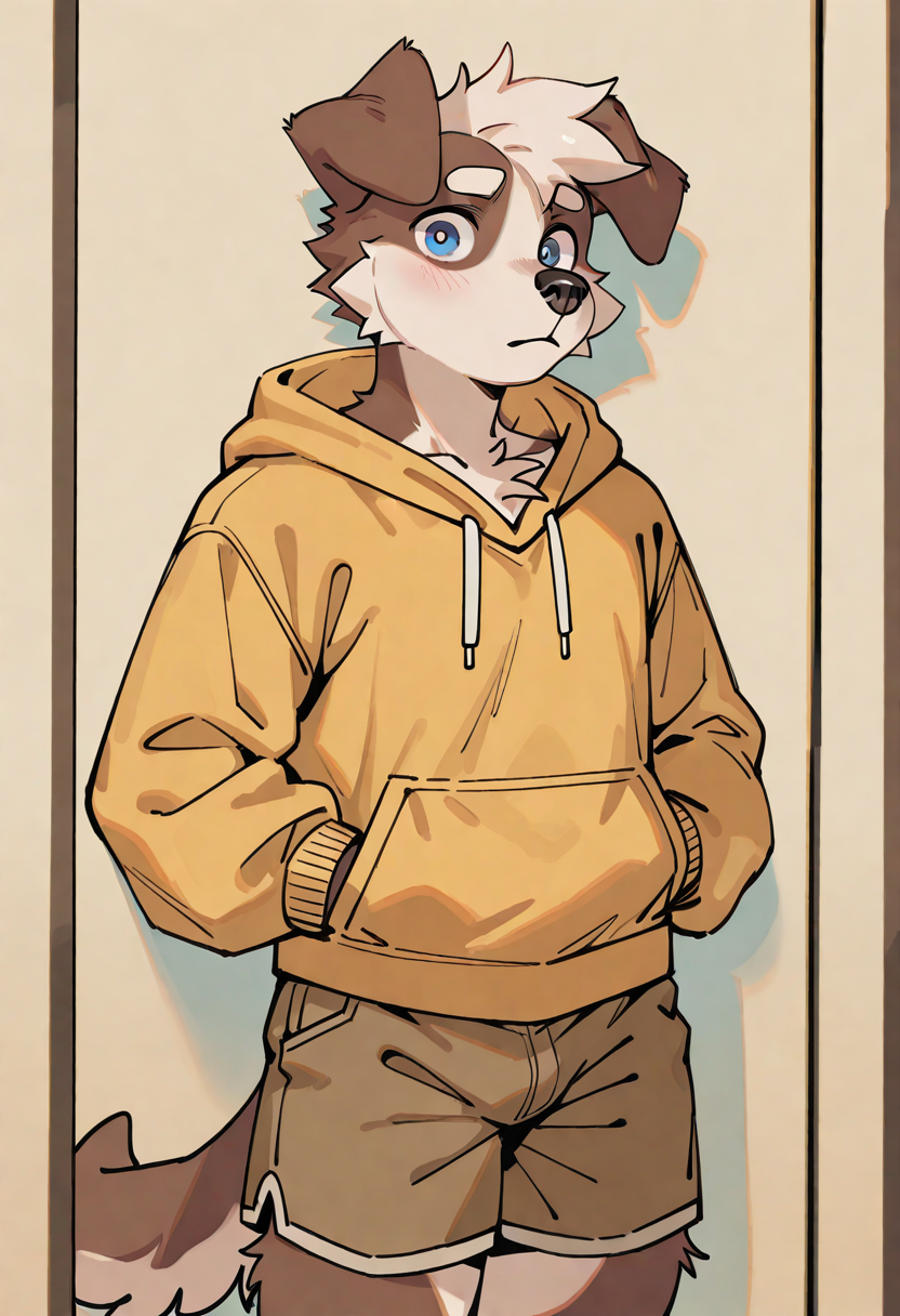 best quality, amazing quality, very aesthetic, absurdres, newest, by hemuchang, michi_(oc), furry male, male focus, furry, dog boy, solo, hoodie, short hair, looking at viewer, hood down, shorts, <lora:Hemuchang_style_Illustrious:1>, <lora:Michi_OC_Illustrious:0.8>