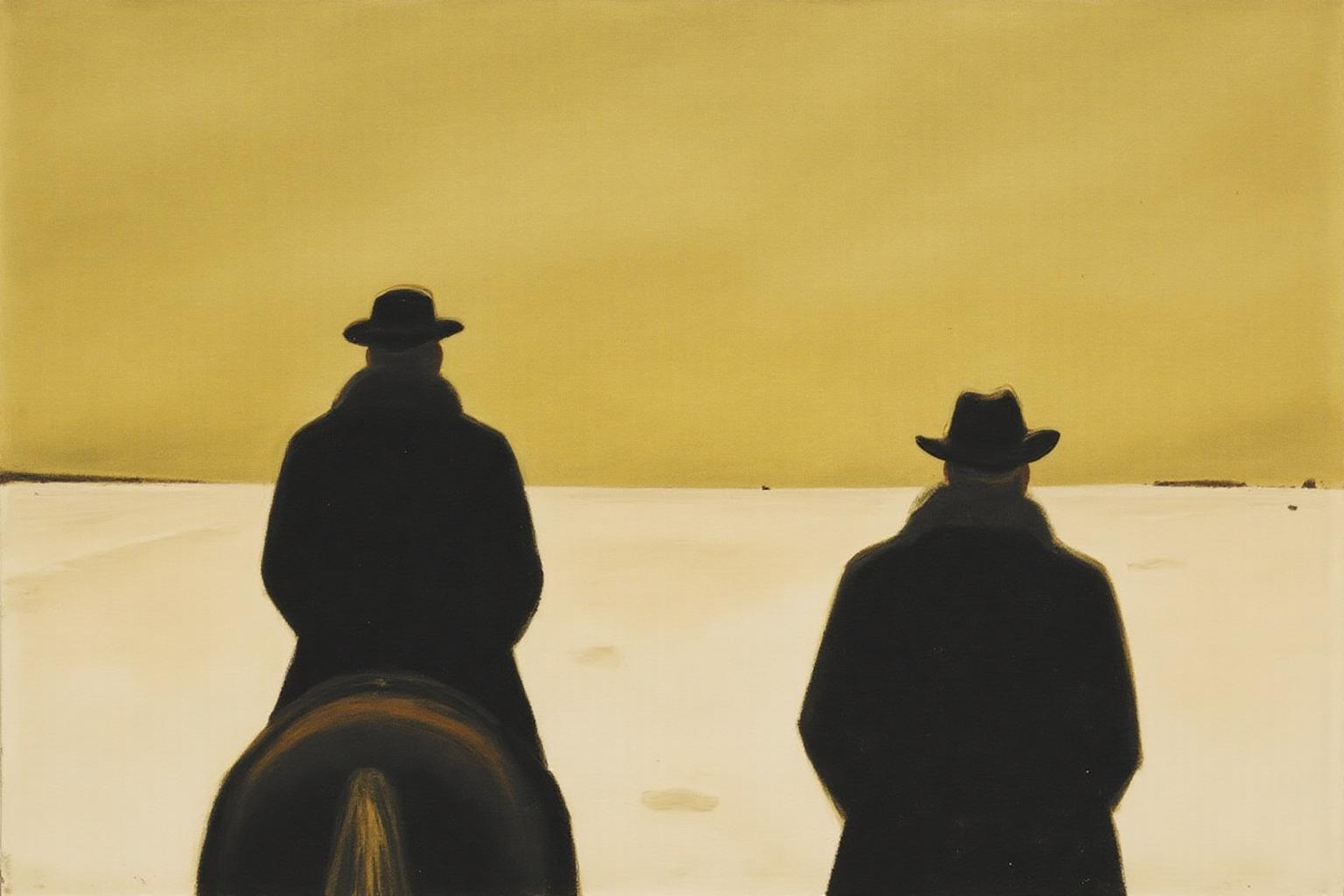 jeanpaullemieux1 painting.
On the left are dark silhouettes of a man and his horse, their backs to the viewer, are set in a vast, snow-covered landscape at sunset. <lora:jeanpaullemieux1_cap_d6a3e8:1.0><lora:841078845948887893:0>