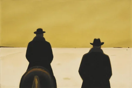 jeanpaullemieux1 painting.
On the left are dark silhouettes of a man and his horse, their backs to the viewer, are set in a vast, snow-covered landscape at sunset. <lora:jeanpaullemieux1_cap_d6a3e8:1.0><lora:841078845948887893:0>
