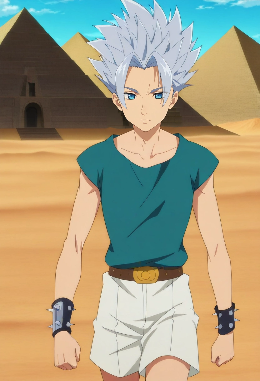 masterpiece, best quality, anime screencap, official style, anime coloring, cowboy shot, 1boy, solo, male focus, <lora:arden_nnt_ilxl:1>, arden_nnt, grey hair, blue eyes, short hair, spiked hair, , Pyramids of Giza, desert sands, towering pyramids, distant sun, walking pose, thoughtful expression, scorching light, ,