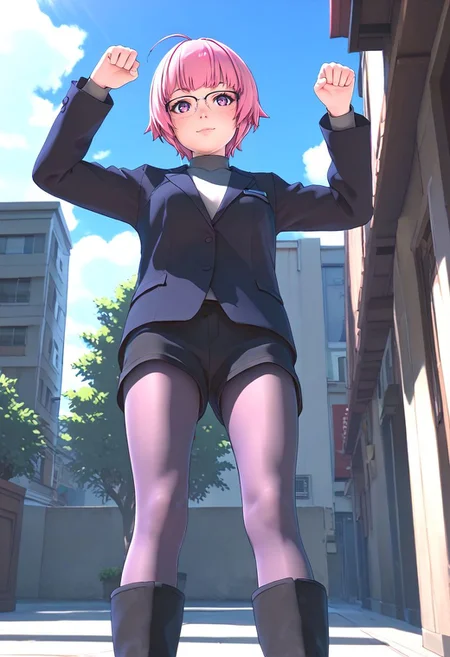 <lora:sdxl_lightning_8step_lora:1> <lora:Fixhands_anime_bdsqlsz_V1:1>score_9, score_8_up, score_7_up, source_anime, intricate details, perfect anatomy BREAK
1girl, solo, gis-esakipurin, pink hair, short hair, purple eyes, black-framed eyewear, black jacket, black shorts, gis-esakipurin outfit, purple pantyhose, black boots, 
from below, paw pose, Curious, Chin tilted up slightly, eyes wide open, and a slight smile., outdoors, 
<lora:gis-esakipurin_XL(pony)fix:0.9>
