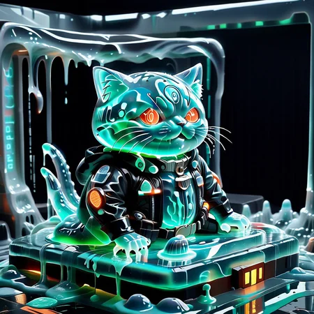 embedding:lazyup,sl1m3d,slime-morph, a neon cyber-slime cat with holographic eyes, perched on a melting sushi conveyor belt in a futuristic Tokyo drowned in slime rain <lora:Slime_Morph_V4_(1):1.0000000000000002> <lora:add-detail-xl:0.9000000000000001>