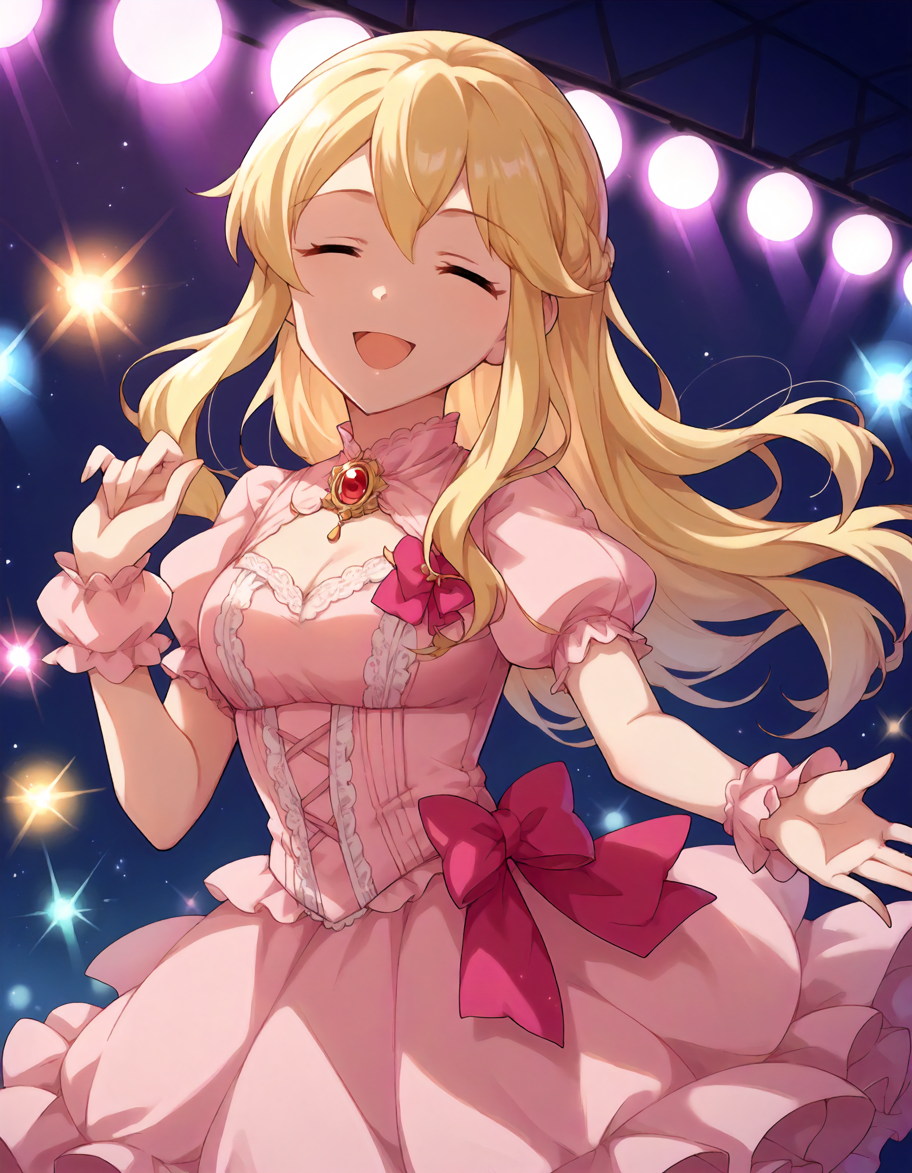score_9,score_8_up,score_7_up,1girl,solo,cowboy shot,smile,open mouth,looking at viewer,stage lights,
<lora:cinderellagirlsclarice_ponyXLV6:0.8>,cgclarice,
blonde hair,long hair,sidelocks,closed eyes,
pink dress,puffy sleeves