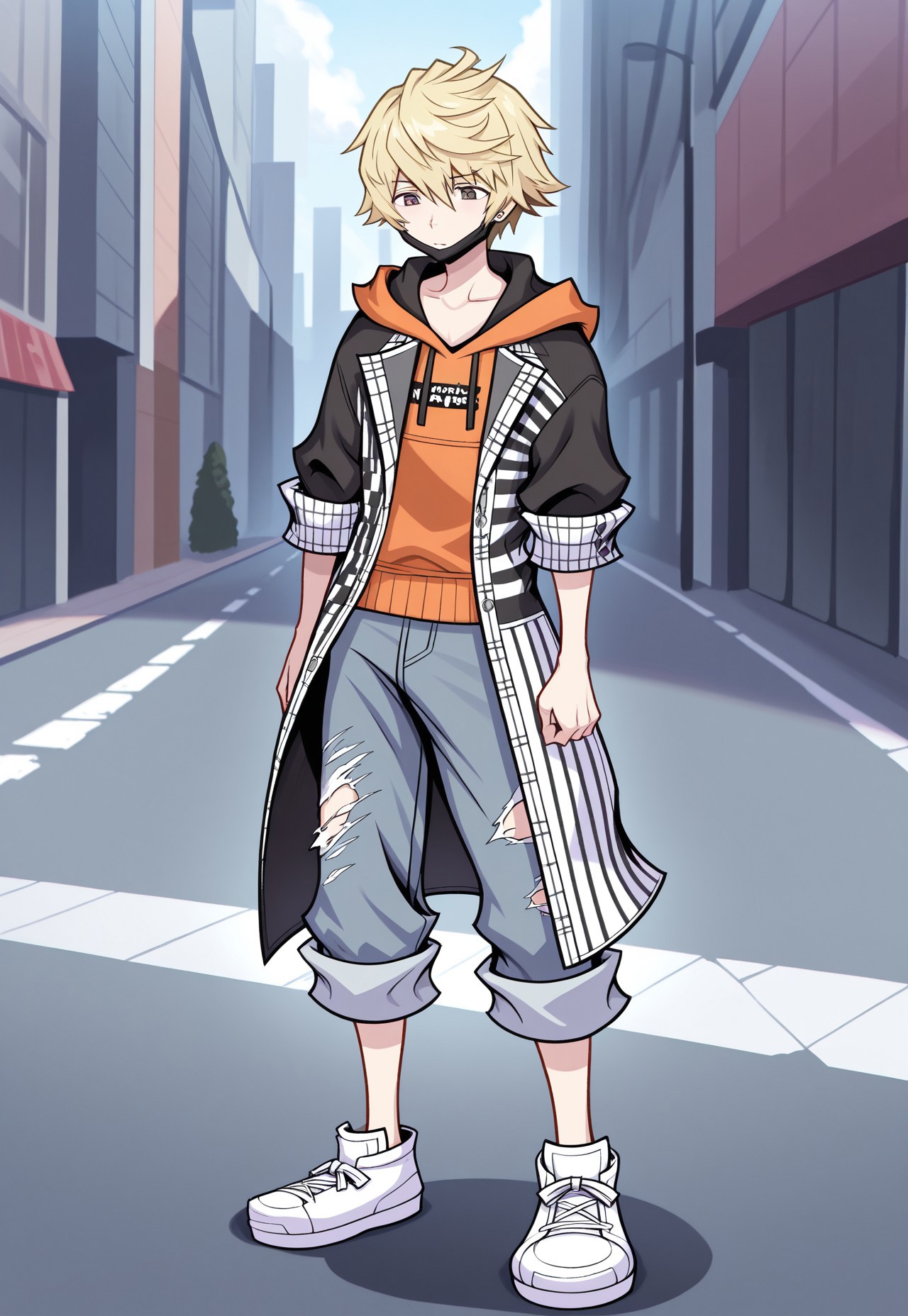 masterpiece,best quality,amazing quality, source_anime,

rindokanade, 1boy, male focus, solo, blonde hair, full body, mouth mask, mask pull,, jewelry, earrings,, hoodie, orange hoodie, coat, black and white coat, open coat, jeans, torn jeans, pants rolled up, shoes, sneakers, white footwear,

outdoor,
